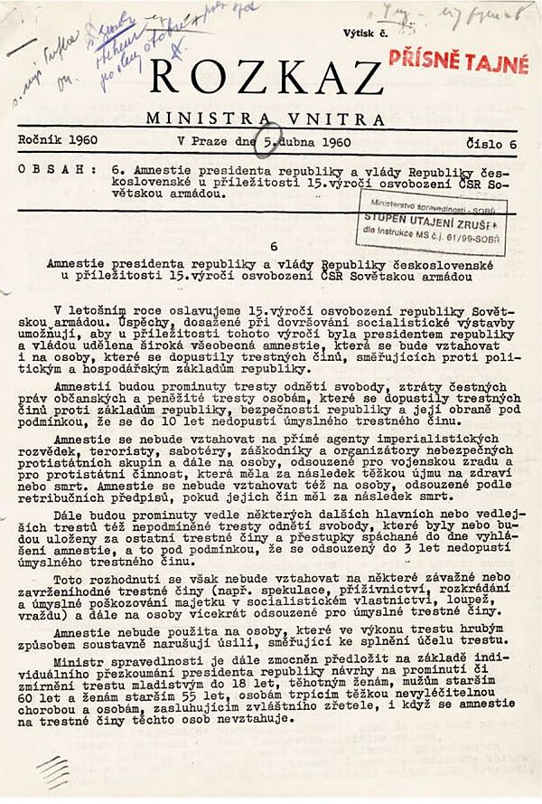 Foto: rozkaz ministra vnitra z 5.4.1960